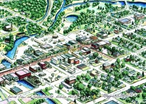 Superior Street Albion Michigan aerial view 1993 art by Maggie LaNoue