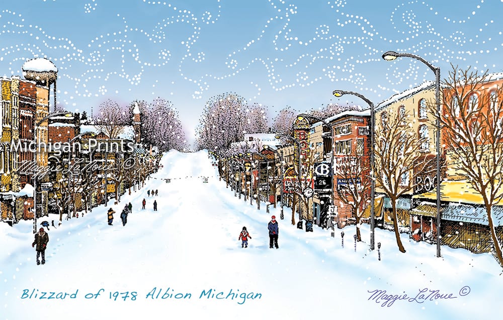 Albion Michigan Blizzard Michigan Prints 1000px art copyright Maggie LaNoue