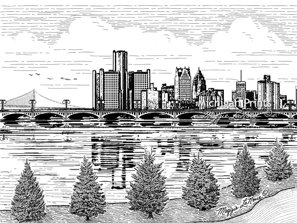 Detroit Skyline View from Belle Isle - 1000px art copyright Maggie LaNoue