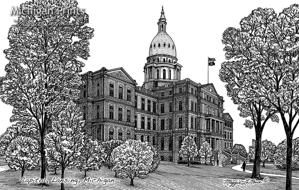 Lansing - Michigan State Capitol building - Michigan Prints - 1000px art copyright Maggie LaNoue