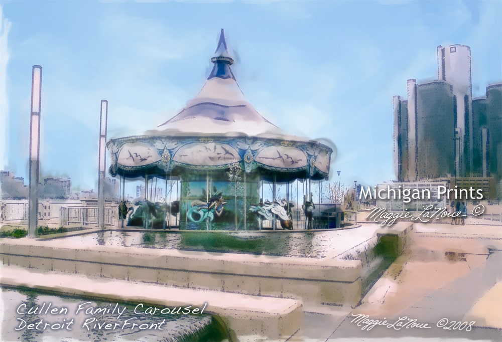 Cullen Family Carousel, Summer, Detroit - 1000px art copyright Maggie LaNoue