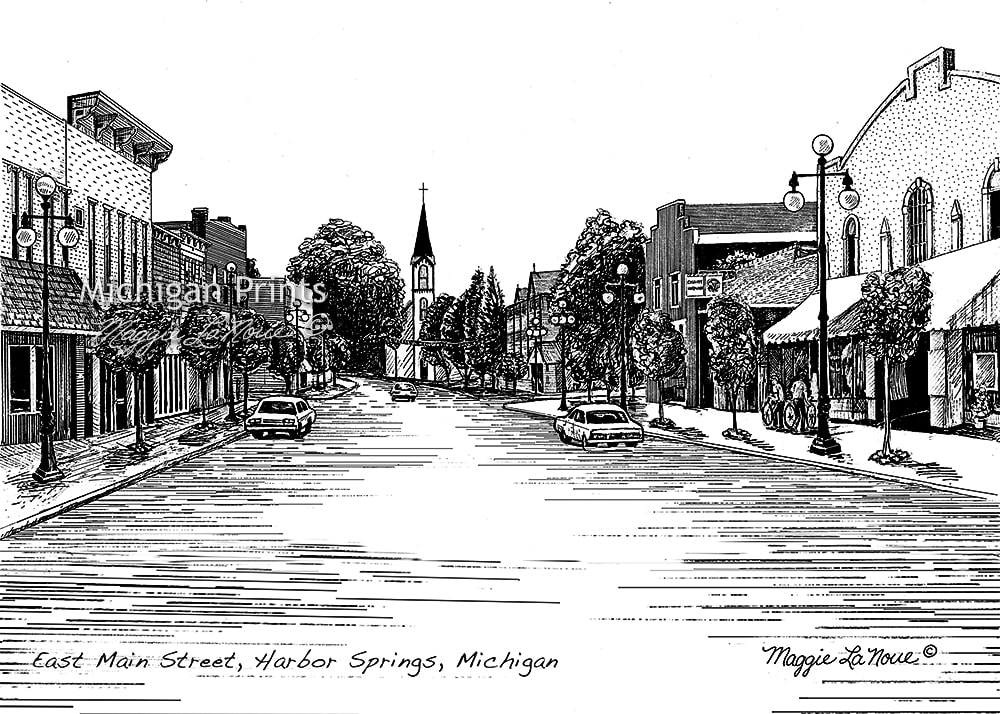Landmarks - E. Main St. Harbor Springs - Michigan Prints - 1000px art copyright Maggie LaNoue